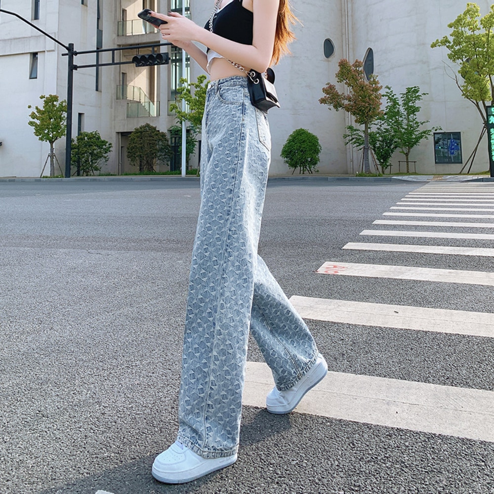 Baggy Jeans Woman High Waist Wide Leg Pants Streetwear Chic Jacquard Denim Trousers for Women Casual 2022